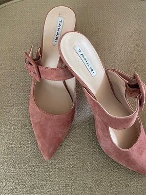 Tahari Dusty Rose Suede Pointed Slingback Mules